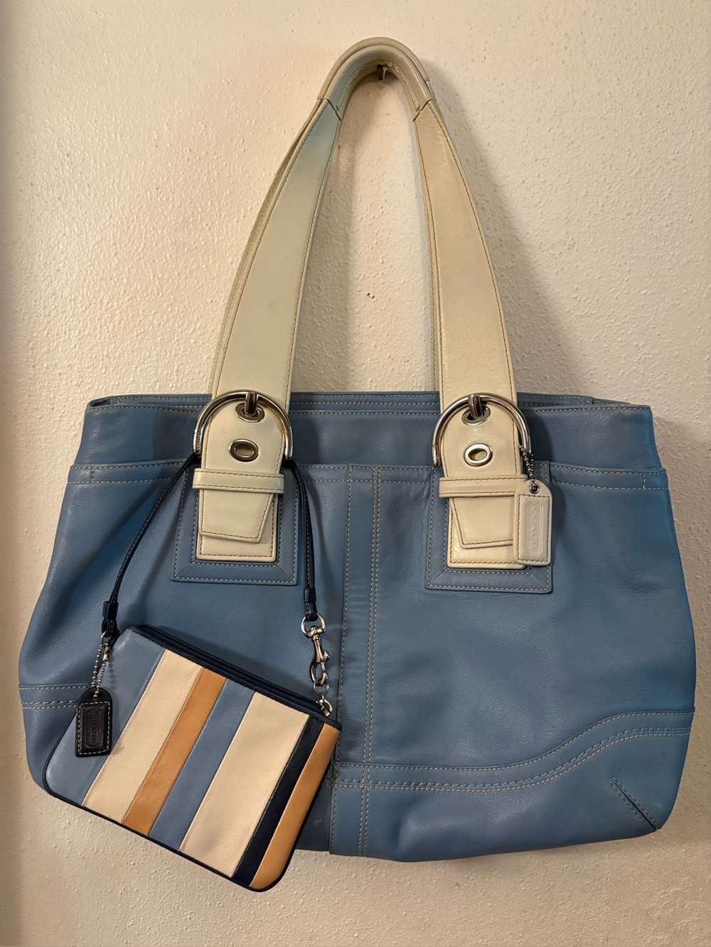 COACH Y2K SOHO LARGE BLUE LEATHER SATCHEL w LEATHER ERGO STRIPED WRISTLET